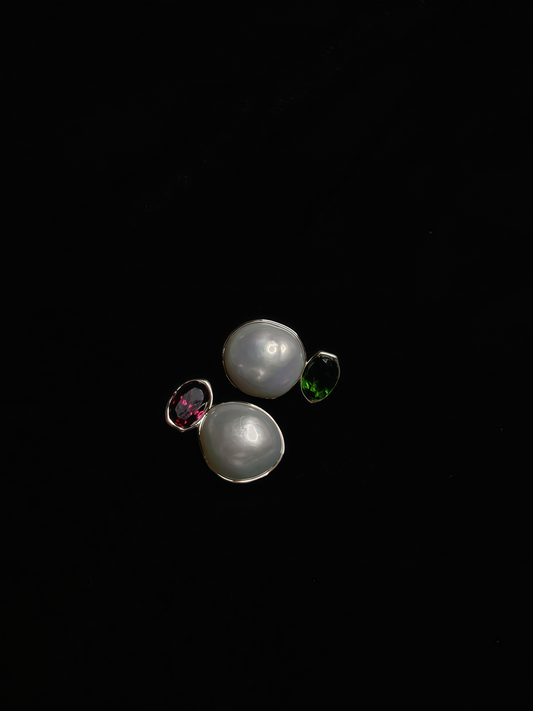 ‘Dual Lumina’ Blue Blood Australian White Pearl & Ruby & Emerald AB Earrings